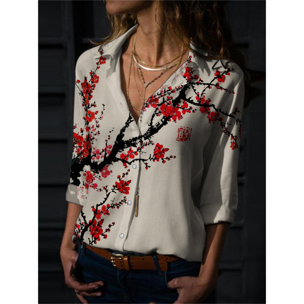 Plum Blossom Ancient Asian Brush Art Flowy Blouse