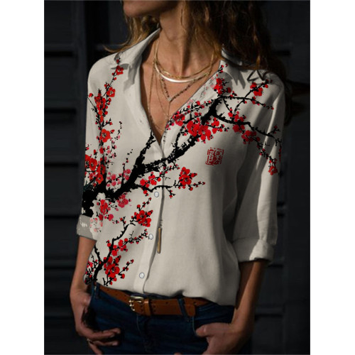Plum Blossom Ancient Asian Brush Art Flowy Blouse