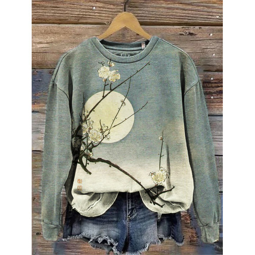 Plum Blossom Full Moon Night Gradient Japanese Art Sweatshirt
