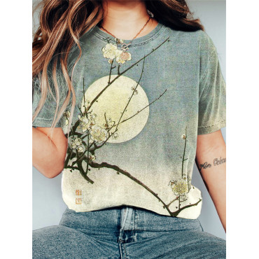 Plum Blossom Full Moon Night Gradient Japanese Art T Shirt