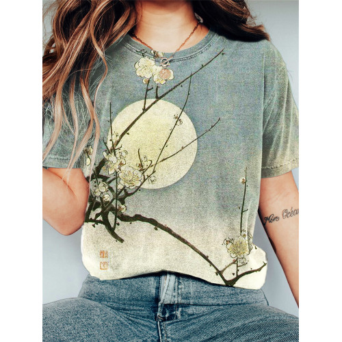 Plum Blossom Full Moon Night Gradient Japanese Art T Shirt