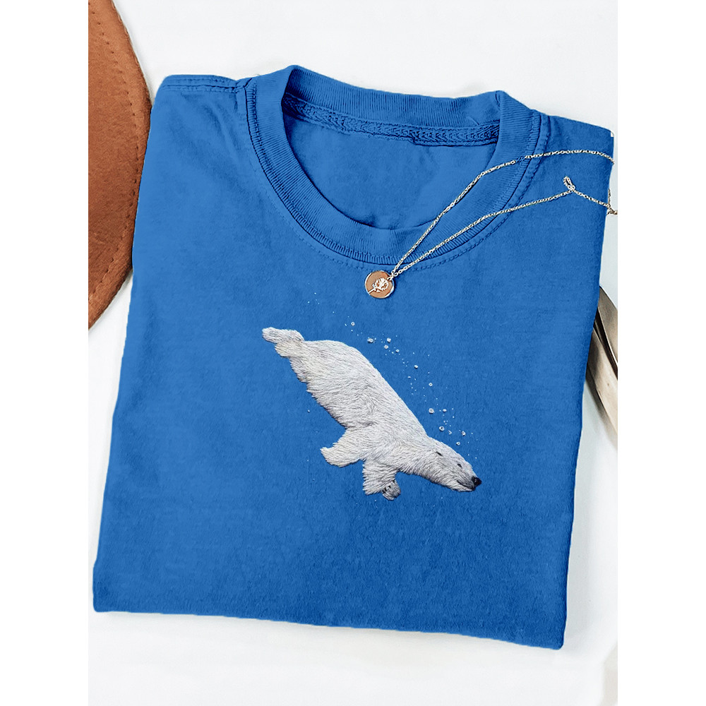 Polar Bear Embroidery Art Crew Neck Casual T Shirt