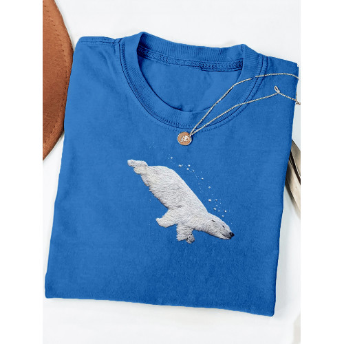 Polar Bear Embroidery Art Crew Neck Casual T Shirt