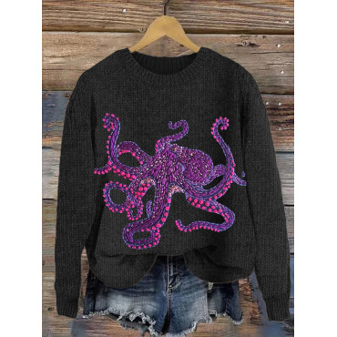 Purple Octopus Embroidery Pattern Cozy Knit Sweater