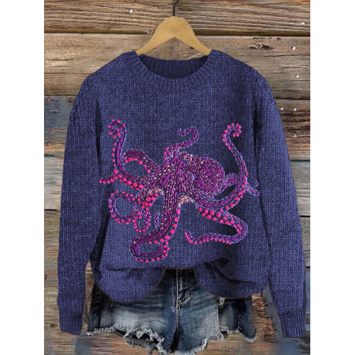 Purple Octopus Embroidery Pattern Cozy Knit Sweater