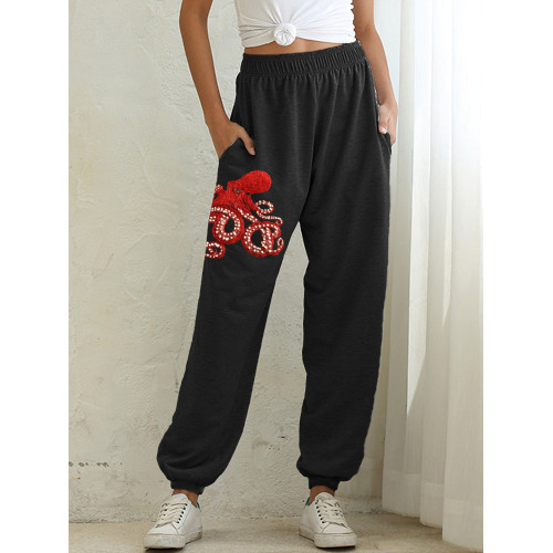 Red Octopus Embroidered Pattern Casual Sweatpants