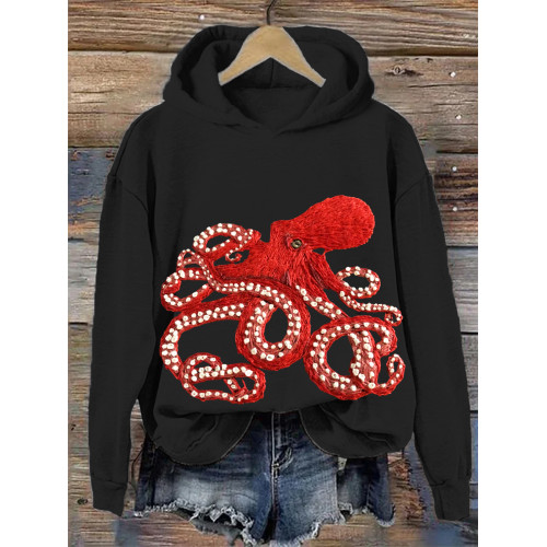 Red Octopus Embroidery Cozy Hooded Sweatshirt