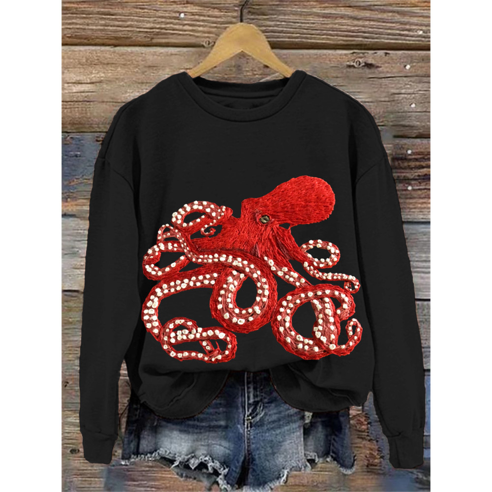 Red Octopus Embroidery Cozy Sweatshirt