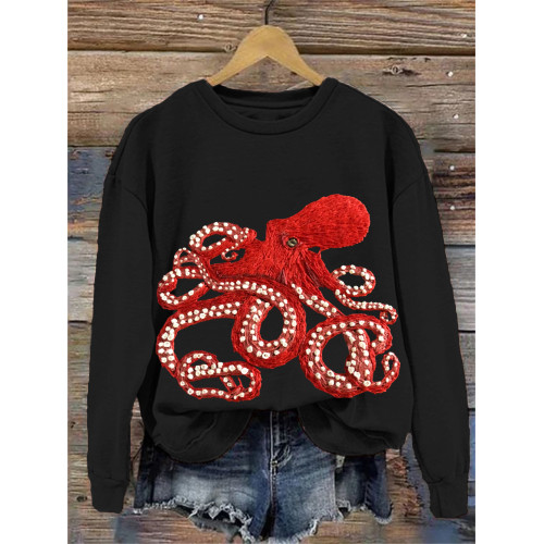 Red Octopus Embroidery Cozy Sweatshirt