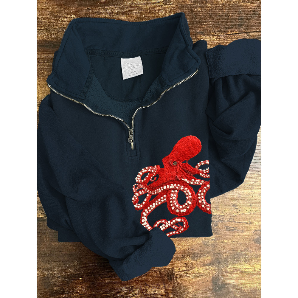 Red Octopus Embroidery Zipper Collar Sweatshirt