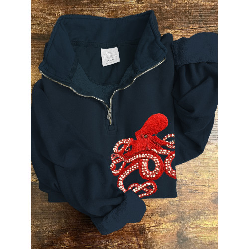 Red Octopus Embroidery Zipper Collar Sweatshirt