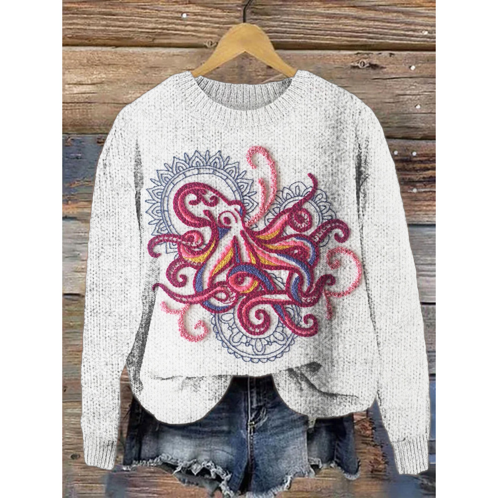 Red Octopus Pattern Casual Knit Sweater