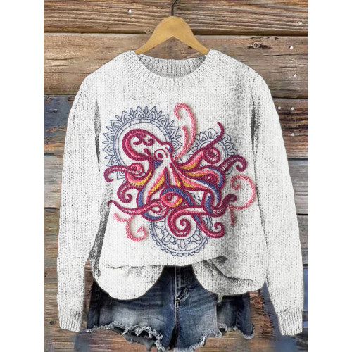 Red Octopus Pattern Casual Knit Sweater