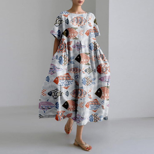 Retro Cozy Chicken Floral Linen Blend Maxi Dress