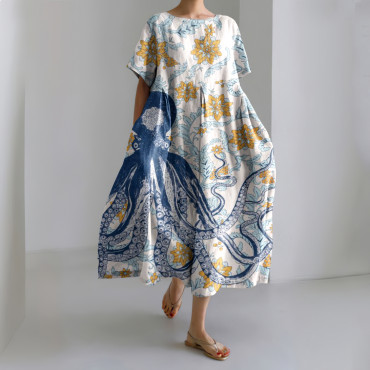 Retro Floral Octopus Art Linen Blend Maxi Dress