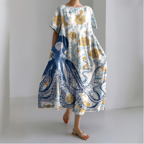 Retro Floral Octopus Art Linen Blend Maxi Dress