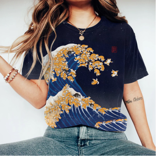 Retro Japanese Art Dog And Waves Print Round Neck T-Shirt