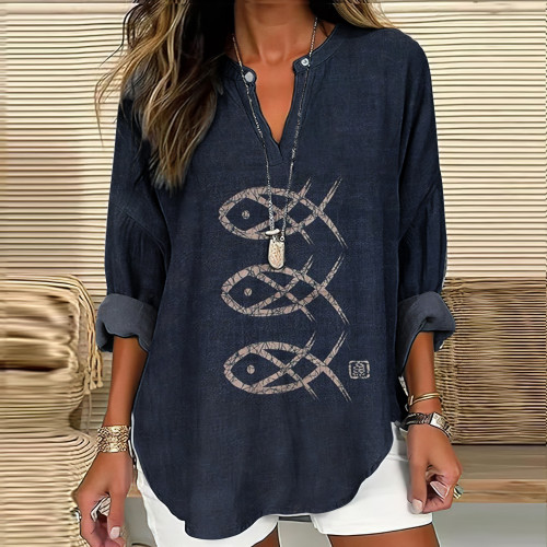 Retro Japanese Art Fish Print Long Sleeve Blouse