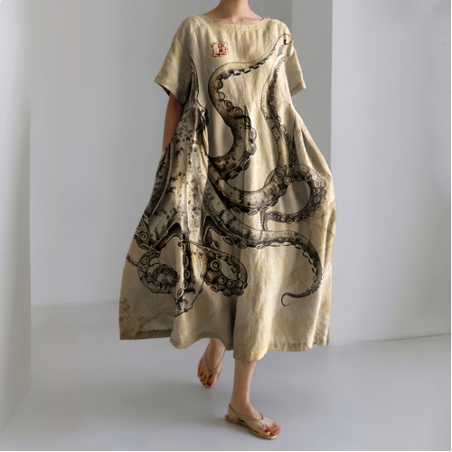 Retro Japanese Art Octopus Print Casual Midi Dress