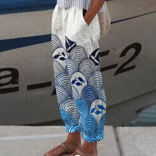 Sailboat Waves Abstract Line Drawing Art Print With Pocket Trousers