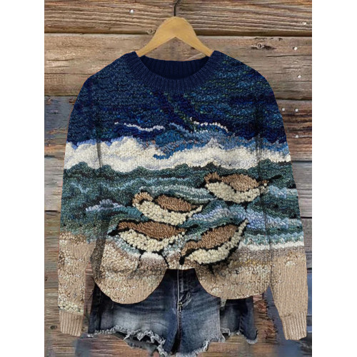 Sandpipers Seaside Punch Needle Art Cozy Sweater