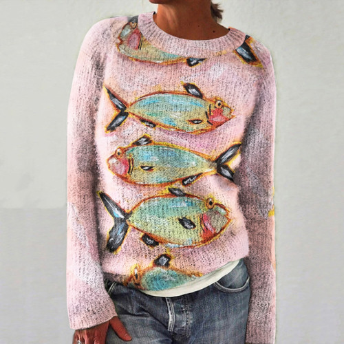 Sardine Fish Painting Animals Original Art Crew Neck Cozy Sweater