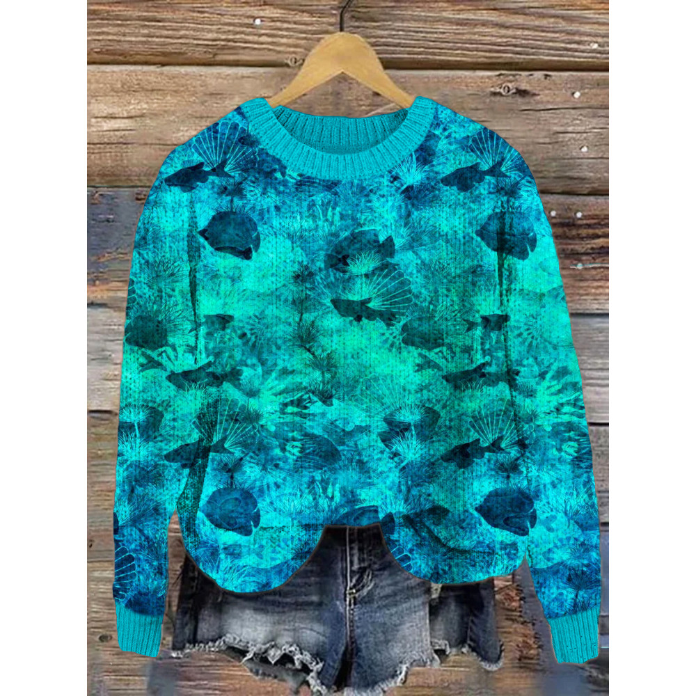 Sea Animals Tie-Dye Pattern Cozy Knit Sweater