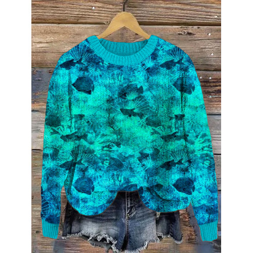 Sea Animals Tie-Dye Pattern Cozy Knit Sweater
