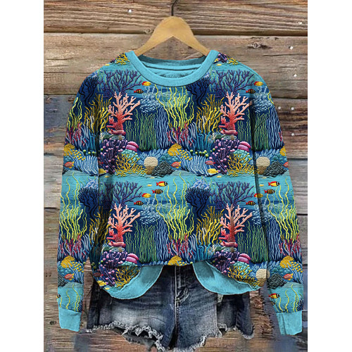 Sea Life Embroidery Art Print Casual Cozy Sweatshirt