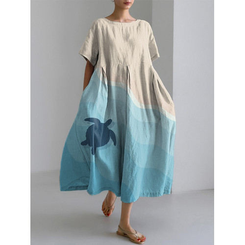 Sea Turtle Art Print Linen Blend Dress
