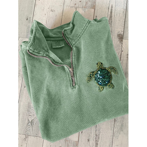 Sea Turtle Beaded Embroidery Art Zip Up Sweatshirt
