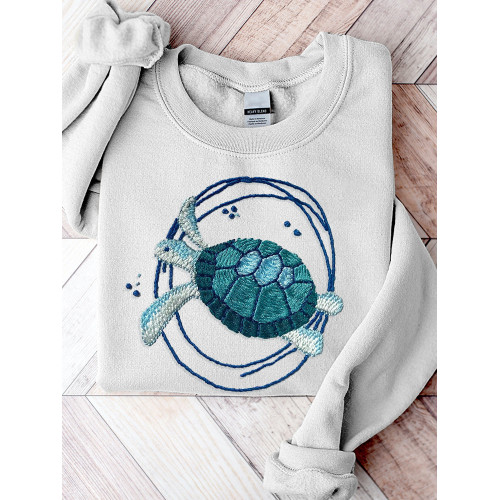 Sea Turtle Embroidery Art Cozy Sweatshirt