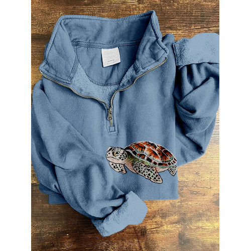 Sea Turtle Embroidery Art Zip Up Comfy Sweatshirt