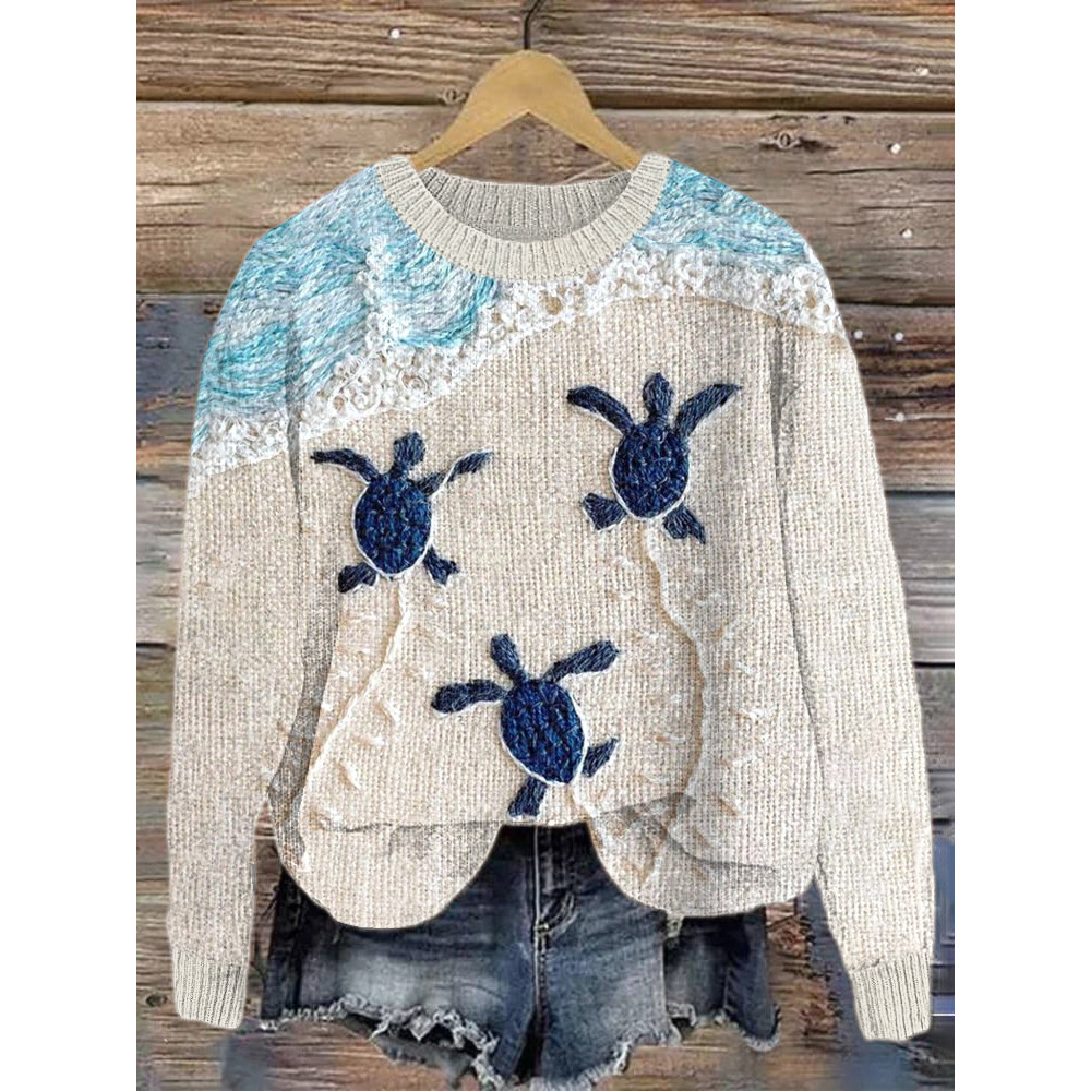 Sea Turtle Embroidery Pattern Cozy Knit Sweater