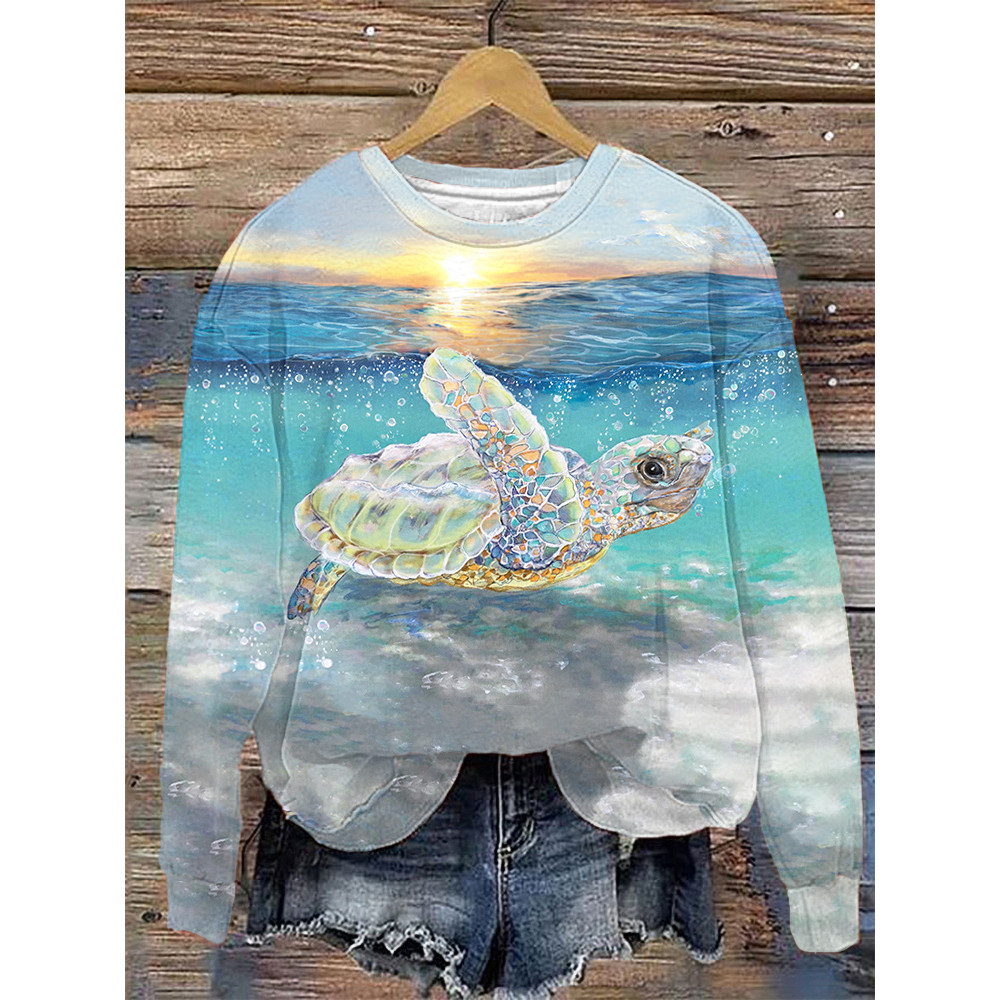Sea Turtle Print Casual Sweatshirt