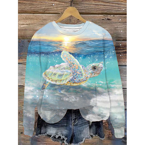 Sea Turtle Print Casual Sweatshirt