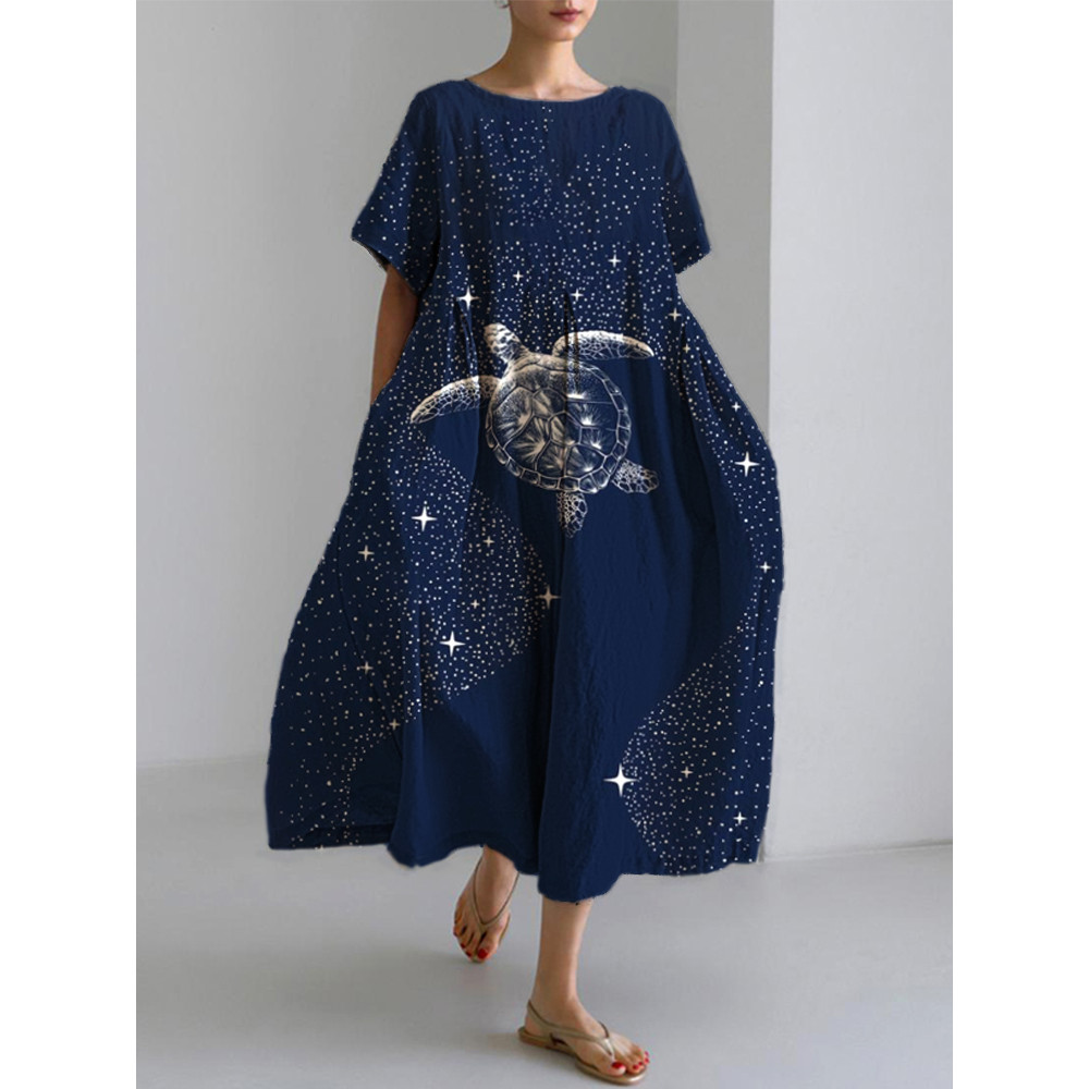 Sea Turtle Print Linen Blend Casual Dress