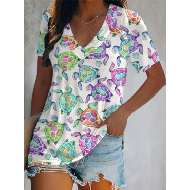 Sea Turtle Print V Neck Casual T Shirt