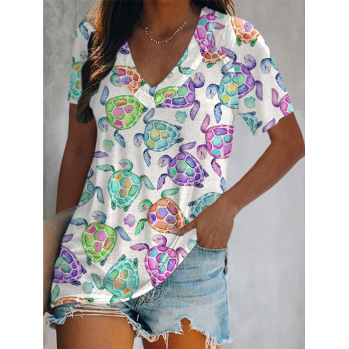 Sea Turtle Print V Neck Casual T Shirt