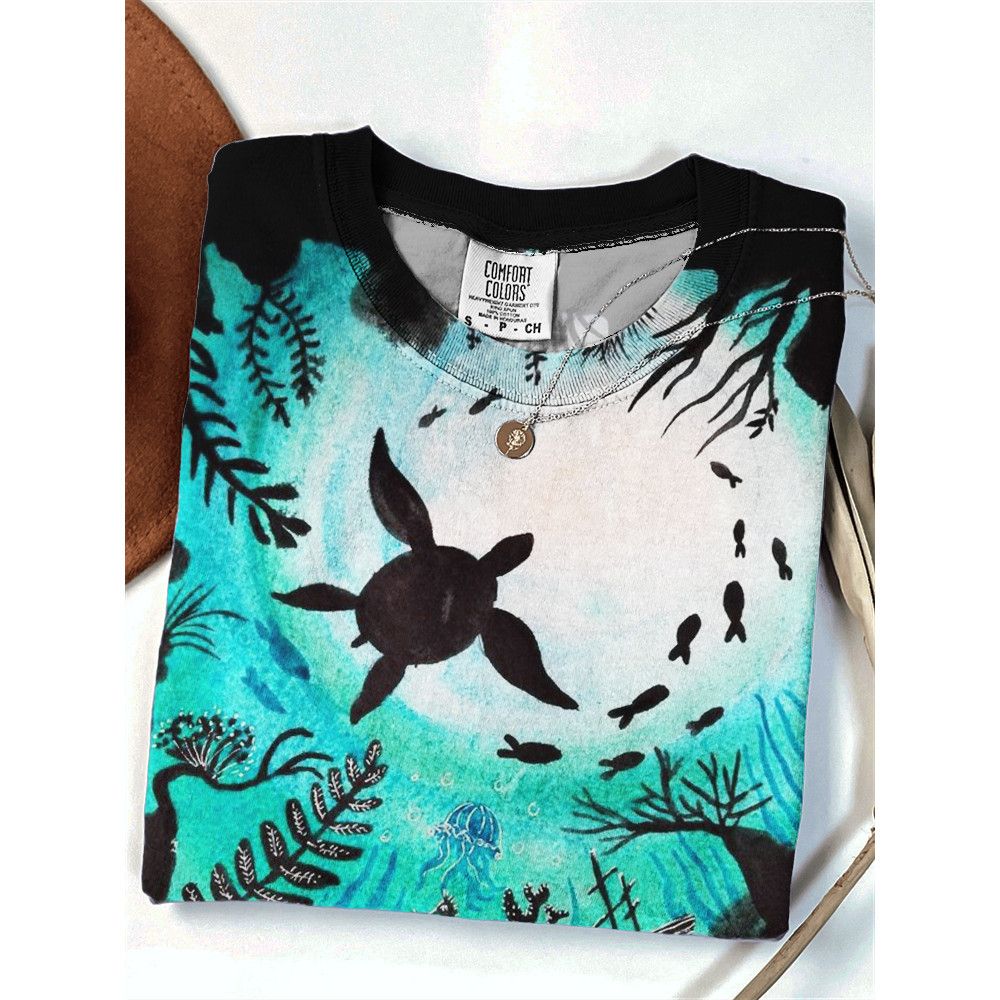 Sea Turtle Silhouette Seabed Art Comfy T Shirt