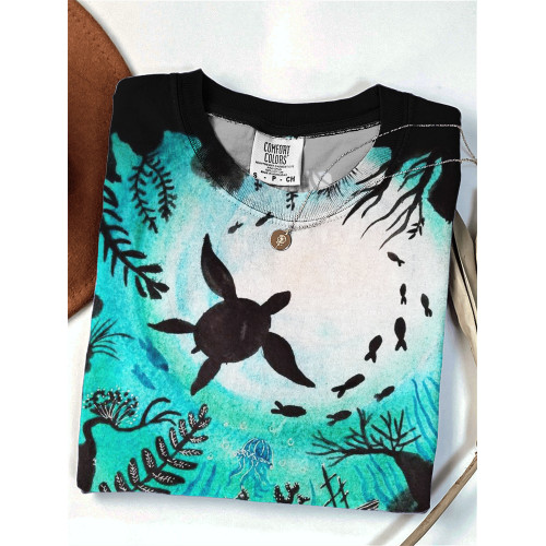 Sea Turtle Silhouette Seabed Art Comfy T Shirt