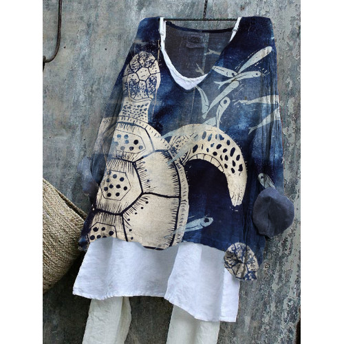 Sea Turtle & Fish Japanese Lino Art Linen Blend Tunic