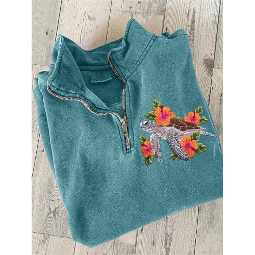 Sea Turtle & Flowers Embroidery Art Zip Up Sweatshirt