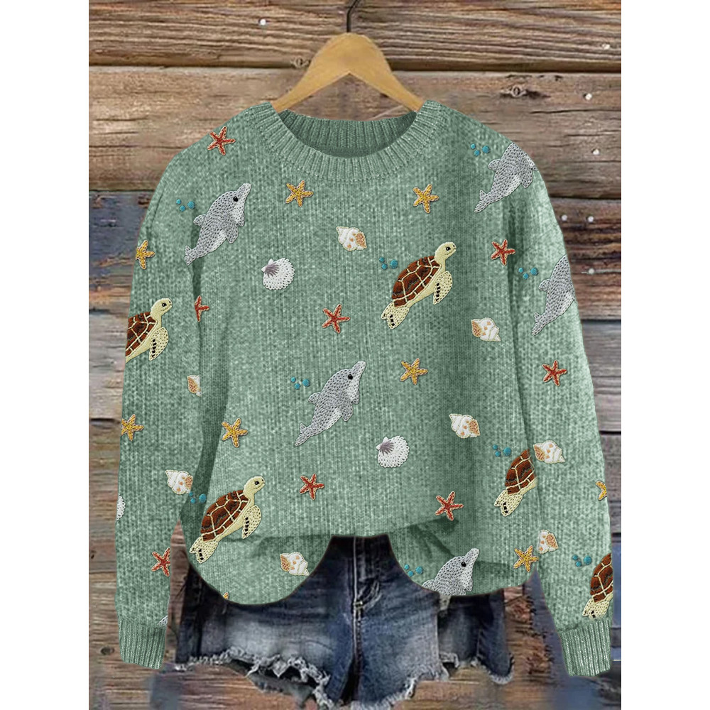 Sea Turtles & Dolphins Ocean Embroidery Pattern Cozy Sweater