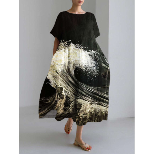 Sea Wave Print Short Sleeve Linen Maxi Dress