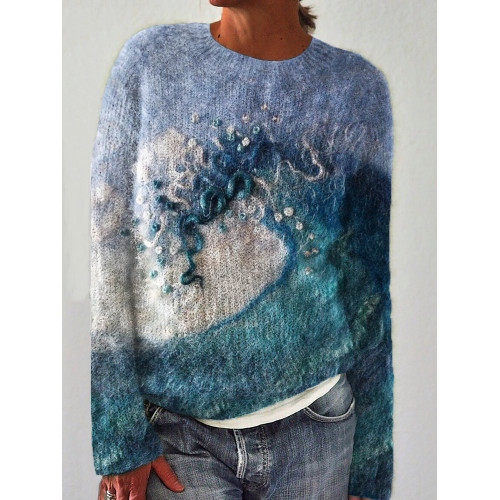 Sea Wave Wool Art Cozy Knit Sweater