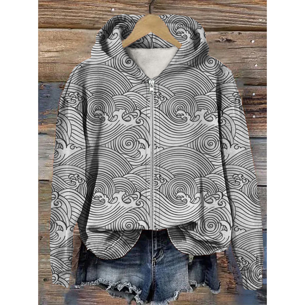 Sea Waves Japanese Art Comfy Full Zip Hoodie