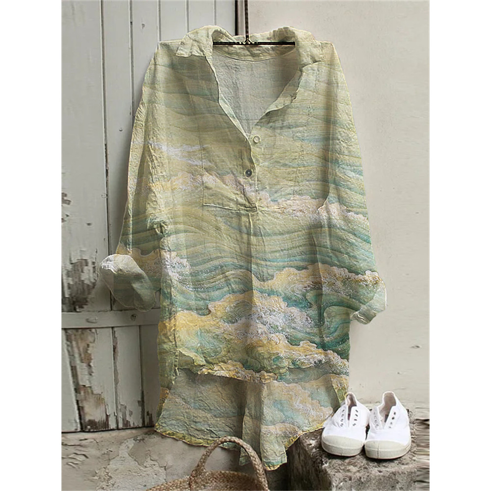Sea Waves Japanese Art High Low Linen Blend Tunic