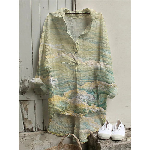 Sea Waves Japanese Art High Low Linen Blend Tunic