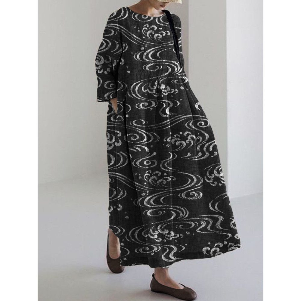 Sea Waves Japanese Art Linen Blend Maxi Dress